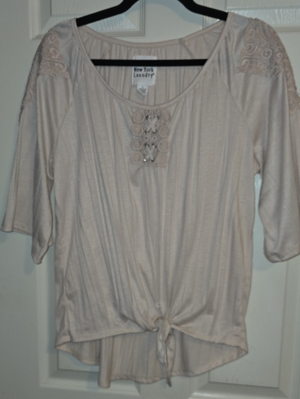 New York Laundry Cream Tie-Front Tunic with Lace Shoulders